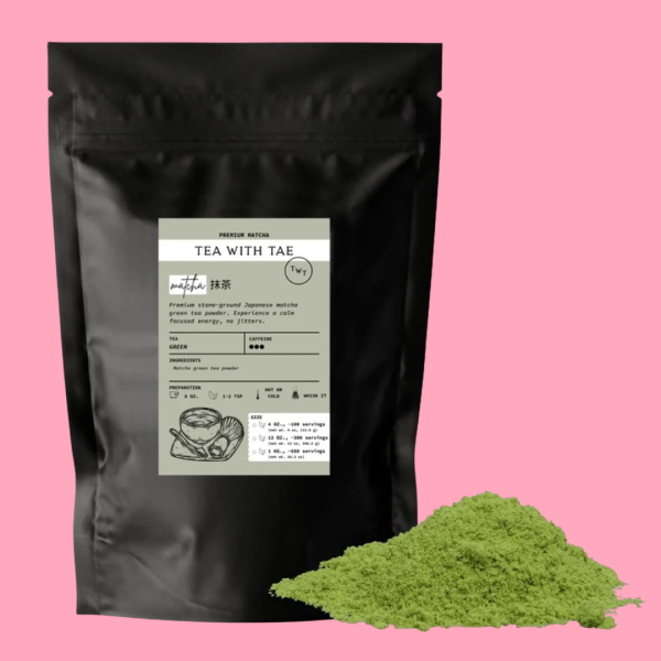 Black foil bag of generic matcha next to a pile of dull powder
