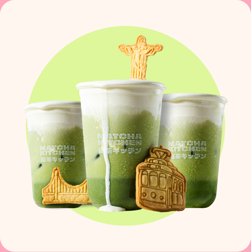 Three cups of the Holy matcha drink topped with cookies shaped like Lisbon landmarks